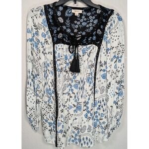 Style & Co Women's‎ Small Flowy Drapey Boho Peasent Top Blue  3/4 Sleeve